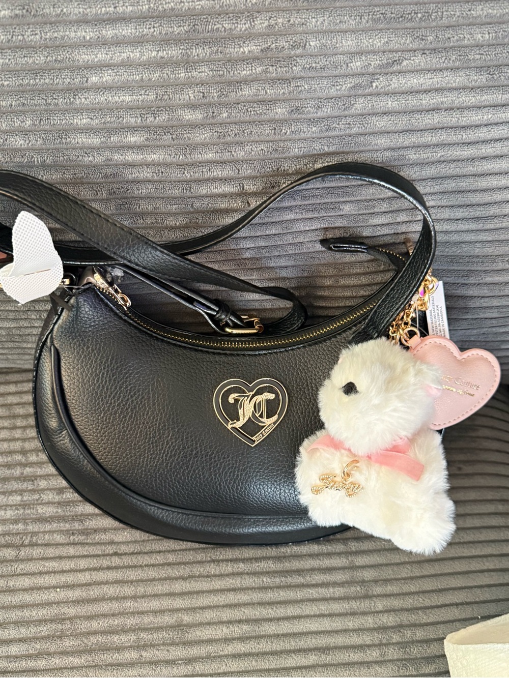Juicy Couture Black Women's Shoulder Bag with Heart Logo and Plush Charm